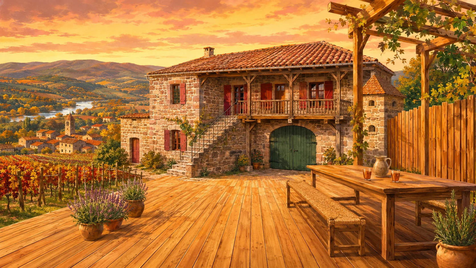 Illustration paysagère du dépôt avec terrasse en bois et clôture